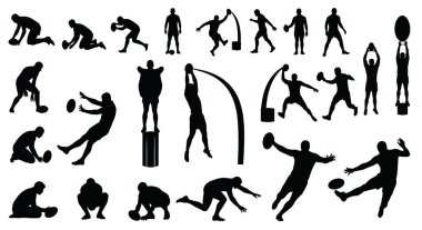 Siluetli atletler çeşitli atletik beceri ve güç manevraları sergileyerek farklı spor aktiviteleri gerçekleştiriyorlar.