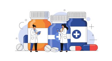 İlaç Şişeleri Tıbbi Tedavi İllüstrasyonuna Hasta Reçetesi Yazan Doktor
