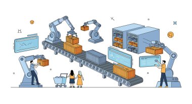 Robotik Silah ve İşçilerle Modern Otomatik Lojistik ve Depo Yönetimi Sistemi