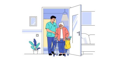 Walker Illustration ile Yaşlı Kadın Yardımcısına Yardım Eden Bakıcı