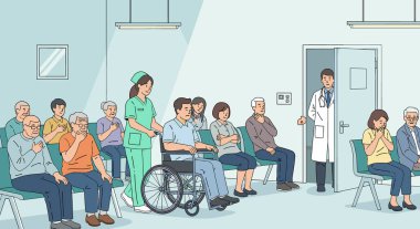 Doktorların ve hemşirelerin insanların hastalıklarını atlatmalarına yardım ettiği bekleme odası.