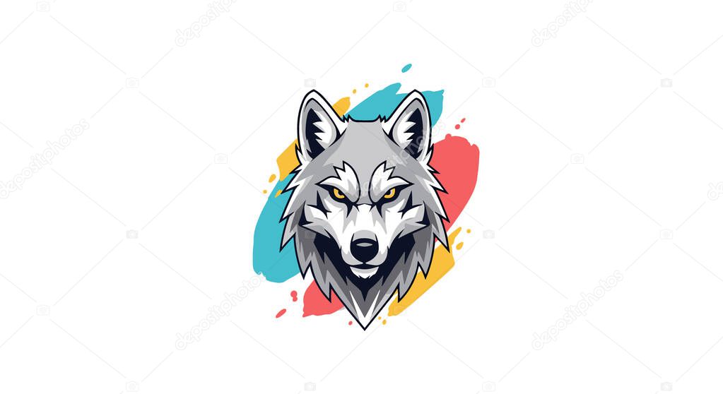 Ferocious Gray Wolf Head Emblem Art with Colorful Abstract Brush Strokes