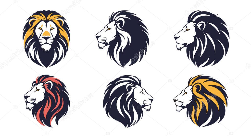 Collection of Majestic Lion Head Illustrations Representing Strength and Power