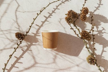 Pastel arka planda koni ve gölgeli çevre dostu kağıt bardak. Geri dönüşüm konsepti. Konili sıfır atık temalı şube