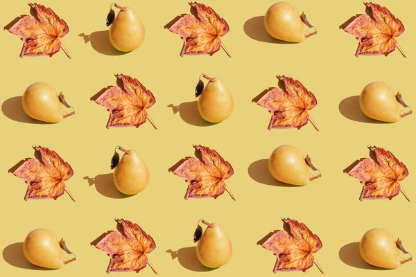 クリエイティブなパターンは 影とパステルの背景に生の梨とメープルを作りました 健康食品成分コンセプト ミニマルスタイル — ストック写真