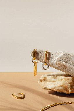 Pastel bej arka planda altın küpeler. Şık mücevherler.