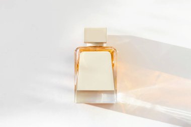 Boş etiketli parfüm şişesinden yapılmış minimal tarz kompozisyon. Kadın parfümü. Güzellik ve fasyon konsepti.