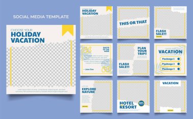 Sosyal medya afiş seyahati ve tatil hizmeti promosyonunu tasvir ediyor. Tam olarak düzenlenebilir instagram ve Facebook kare kare kare kare kare kare kare kare kare yapboz organik satış posteri