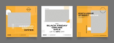 Sosyal medya afiş şablonu sokak modası indirimi yapıyor. Tamamen düzenlenebilir Instagram ve Facebook kare kare kare kare kare kare kare kare yapboz organik satış posteri. sarı beyaz siyah vektör arkaplanı