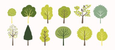 Ağaç koleksiyonu el çizimi düz tasarım elemanı. Botanik çıplak ağaçlar ve yapraklı ve yemyeşil pastel renkli olanlar.