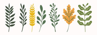 Ağaç koleksiyonu el çizimi düz tasarım elemanı. Botanik çıplak ağaçlar ve yapraklı ve yemyeşil pastel renkli olanlar.