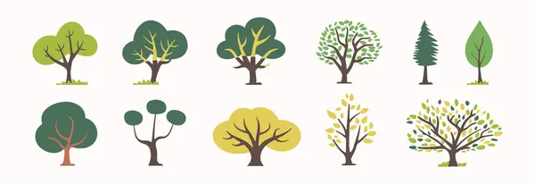 stock vector Tree and leaf collection hand drawn flat design element. botanical set of bare trees and ones with leaves and lush limited pastel color