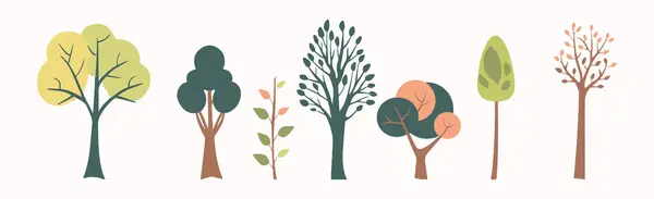 stock vector Tree and leaf collection hand drawn flat design element. botanical set of bare trees and ones with leaves and lush limited pastel color