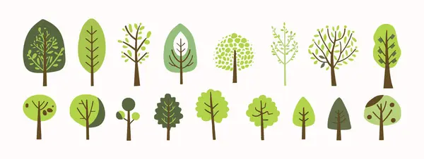 Stock vector Tree and leaf collection hand drawn flat design element. botanical set of bare trees and ones with leaves and lush limited pastel color