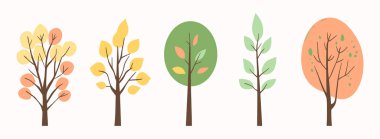 Ağaç ve yaprak koleksiyonu el çizimi düz tasarım elementi. Botanik çıplak ağaçlar ve yapraklı ve yemyeşil pastel renkli olanlar.