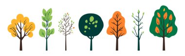 Ağaç ve yaprak koleksiyonu el çizimi düz tasarım elementi. Botanik çıplak ağaçlar ve yapraklı ve yemyeşil pastel renkli olanlar.