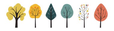 Ağaç ve yaprak koleksiyonu el çizimi düz tasarım elementi. Botanik çıplak ağaçlar ve yapraklı ve yemyeşil pastel renkli olanlar.