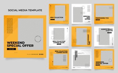 Sosyal medya, blog satış promosyonunu tasvir ediyor. Tamamen düzenlenebilir Instagram ve Facebook kare kare kare kare kare kare kare kare yapboz organik satış posteri. taze sarı element şekil vektör arkaplanı