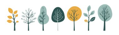 Ağaç ve yaprak koleksiyonu el çizimi düz tasarım vektör elementi. Botanik ağaç seti ve yapraklı ve yemyeşil olanlar.