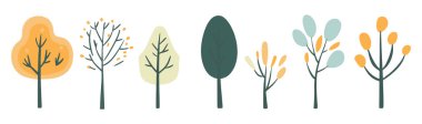 Ağaç ve yaprak koleksiyonu el çizimi düz tasarım vektör elementi. Botanik ağaç seti ve yapraklı ve yemyeşil olanlar.