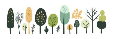 Ağaç ve yaprak koleksiyonu el çizimi düz tasarım vektör elementi. Botanik ağaç seti ve yapraklı ve yemyeşil olanlar.