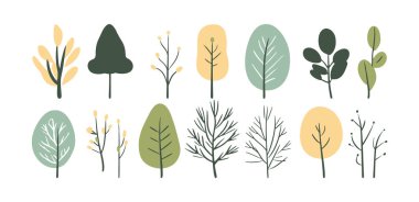 Ağaç ve yaprak koleksiyonu el çizimi düz tasarım vektör elementi. Botanik ağaç seti ve yapraklı ve yemyeşil olanlar.