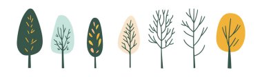Ağaç ve yaprak koleksiyonu el çizimi düz tasarım vektör elementi. Botanik ağaç seti ve yapraklı ve yemyeşil olanlar.