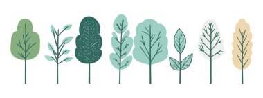 Ağaç ve yaprak koleksiyonu el çizimi düz tasarım vektör elementi. Botanik ağaç seti ve yapraklı ve yemyeşil olanlar.