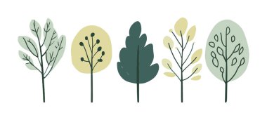 Ağaç ve yaprak koleksiyonu el çizimi düz tasarım vektör elementi. Botanik ağaç seti ve yapraklı ve yemyeşil olanlar.