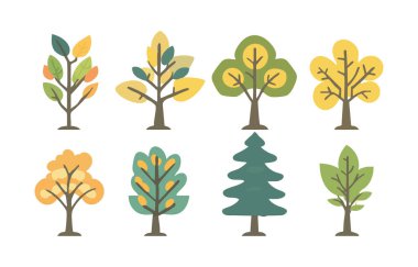Ağaç ve yaprak koleksiyonu el çizimi düz tasarım vektör elementi. Botanik ağaç seti ve yapraklı ve yemyeşil olanlar.