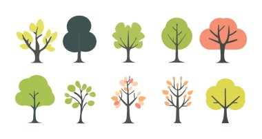 Ağaç ve yaprak koleksiyonu el çizimi düz tasarım vektör elementi. Botanik ağaç seti ve yapraklı ve yemyeşil olanlar.