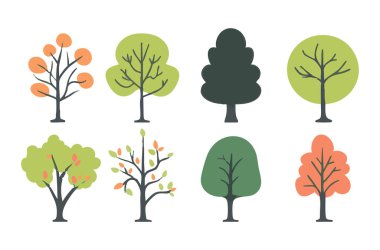 Ağaç ve yaprak koleksiyonu el çizimi düz tasarım vektör elementi. Botanik ağaç seti ve yapraklı ve yemyeşil olanlar.