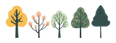 Ağaç ve yaprak koleksiyonu el çizimi düz tasarım vektör elementi. Botanik ağaç seti ve yapraklı ve yemyeşil olanlar.