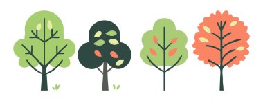 Ağaç ve yaprak koleksiyonu el çizimi düz tasarım vektör elementi. Botanik ağaç seti ve yapraklı ve yemyeşil olanlar.