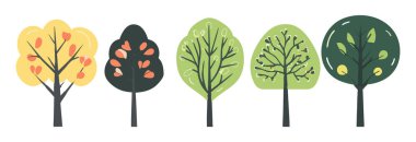 Ağaç ve yaprak koleksiyonu el çizimi düz tasarım vektör elementi. Botanik ağaç seti ve yapraklı ve yemyeşil olanlar.