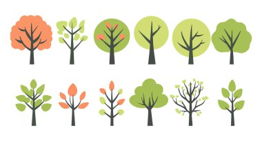 Ağaç ve yaprak koleksiyonu el çizimi düz tasarım vektör elementi. Botanik ağaç seti ve yapraklı ve yemyeşil olanlar.
