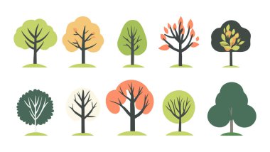 Ağaç ve yaprak koleksiyonu el çizimi düz tasarım vektör elementi. Botanik ağaç seti ve yapraklı ve yemyeşil olanlar.