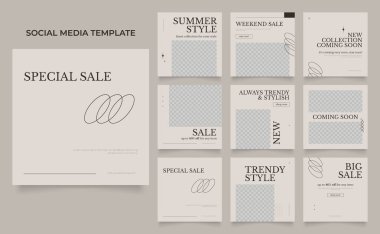 Sosyal medya, blog satış promosyonunu tasvir ediyor. Tamamen düzenlenebilir Instagram ve Facebook kare kare kare kare kare kare kare kare yapboz organik satış posteri. taze kahverengi element şekil vektör arkaplanı