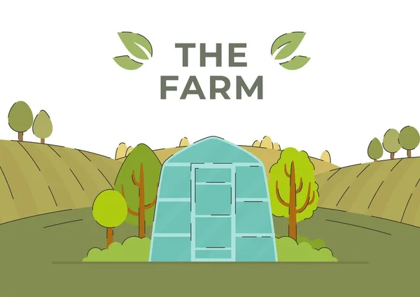 Fattoria Illustrazione Vettoriale Dell Agricoltura Paesaggio Rurale Con Campo Alberi — Vettoriale Stock