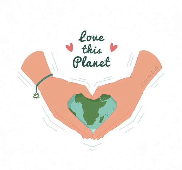 Kocham Planetę Wektorowa Ilustracja Planety Ręku Opiekuj Się Ziemią — Wektor stockowy
