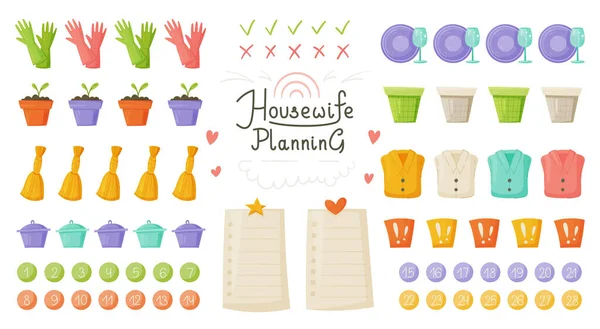 Big Housewife Planning Set Plánuju Uklízení Vektorová Ilustrace Domácích Prací — Stockový vektor