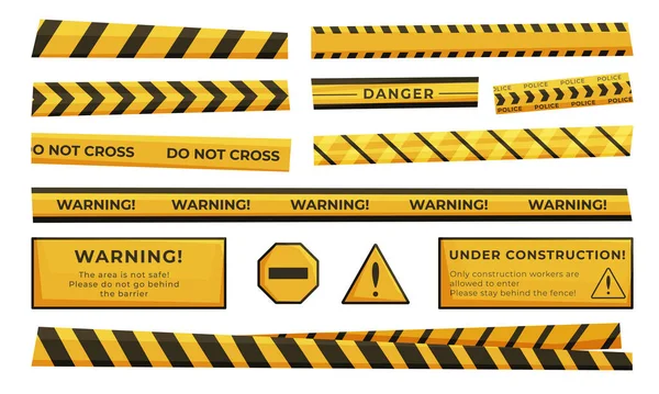 一个大型警告集的向量说明 白色背景的护栏 黄色和黑色插图 — 图库矢量图片