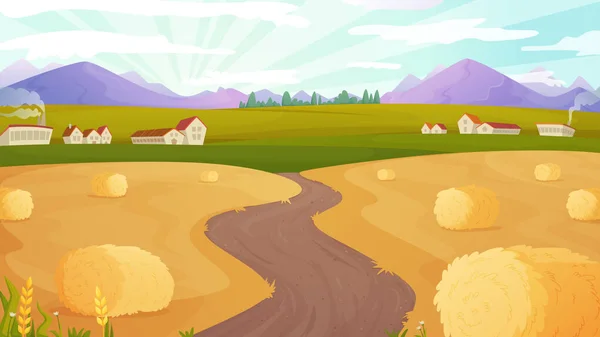 Ilustração Vetorial Dia Quente Rural Grandes Terras Agrícolas Meio Uma — Vetor de Stock