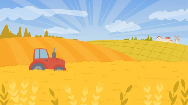 Vector Illustration Tractor Field Wheat Beautiful Landscape Summer Field Countryside — Stock Vector