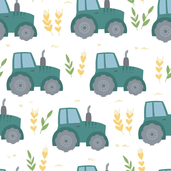 Pattern Blue Tractors Wheat White Background Vector Illustration Cartoon Style — Stock Vector