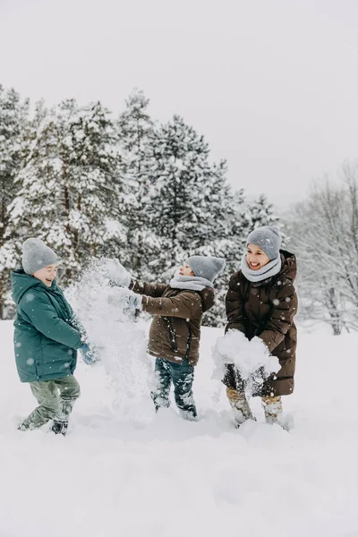 Dzieci Bawią Się Dworze Zimowy Dzień Śmiejąc Się Rzucając Siebie — Zdjęcie stockowe