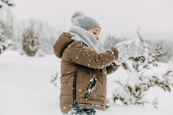 Dítě Vytřepává Sníh Palčáků Chladném Zimním Dni Parku — Stock fotografie