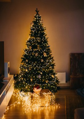 Noel Baba şapkalı bebek, Noel ağacının altında bir sepetin içinde oturuyor. Evde, karanlıkta..