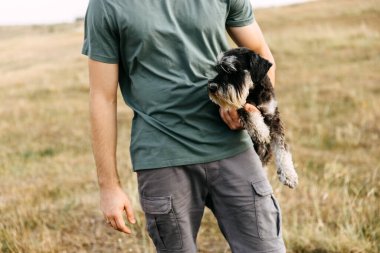 Bir elinde minyatür schnauzer cinsi bir köpek tutan bir adamın yakın çekimi..