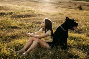 Genç esmer kadın tarlada oturuyor. Büyük siyah bir köpek, dev bir schnauzer cinsinin yanında..